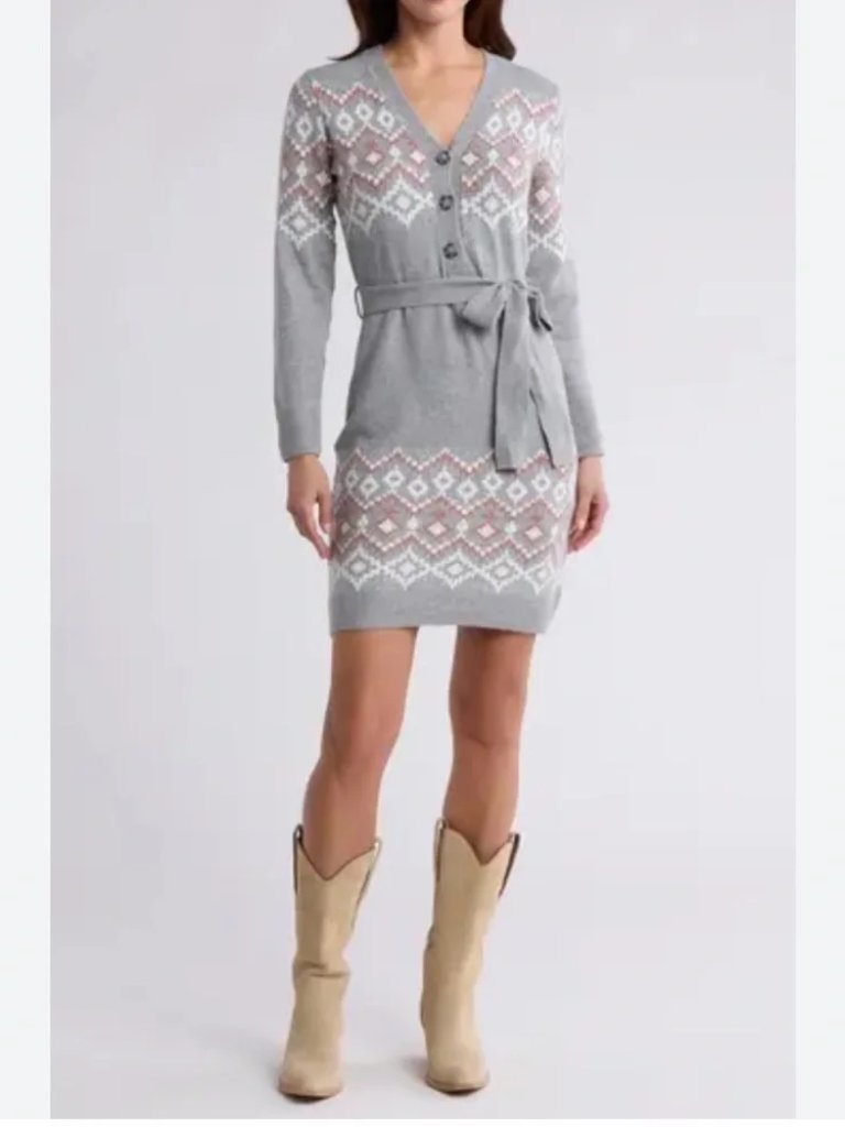 Nwt-Lucky Brand-1x-Gray/Pink Diamond Pattern-V-Neck, Cardigan Sweater Dress.